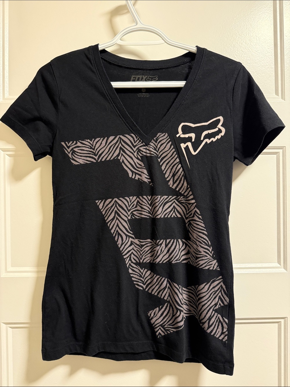 Fox Black V-Neck Tee with Light Pink Zebra Graphic